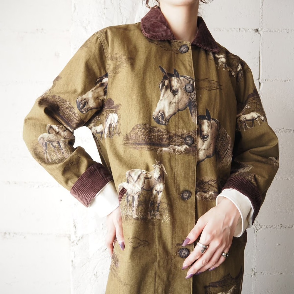 Bit & Bridle Horse Print Barn Jacket Brown Corduroy Collar Cotton Coat Medium
